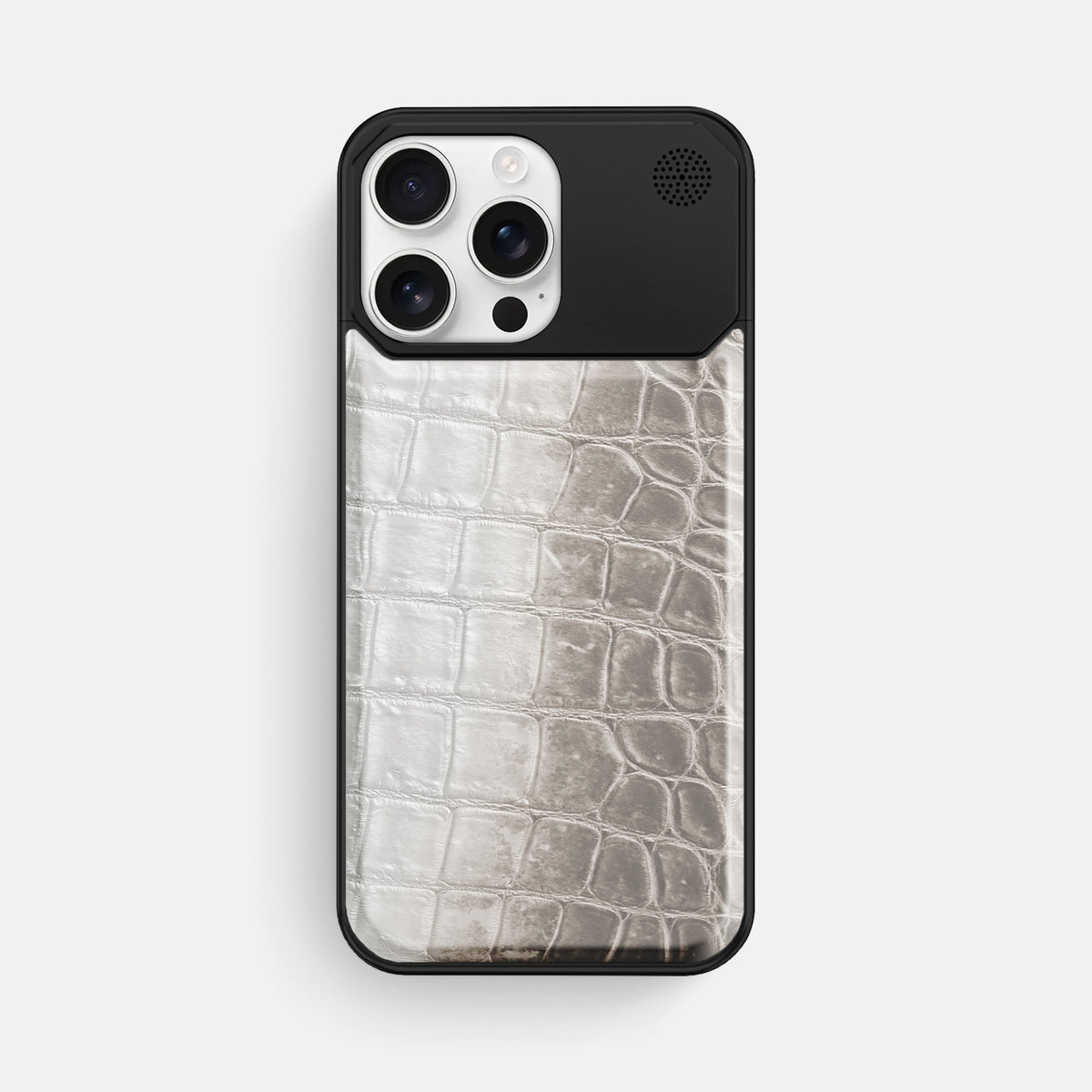 Grey iPhone 16 Pro Max Cyber Case Himalayan Crocodile with Black Metal -1 | Grey-Black