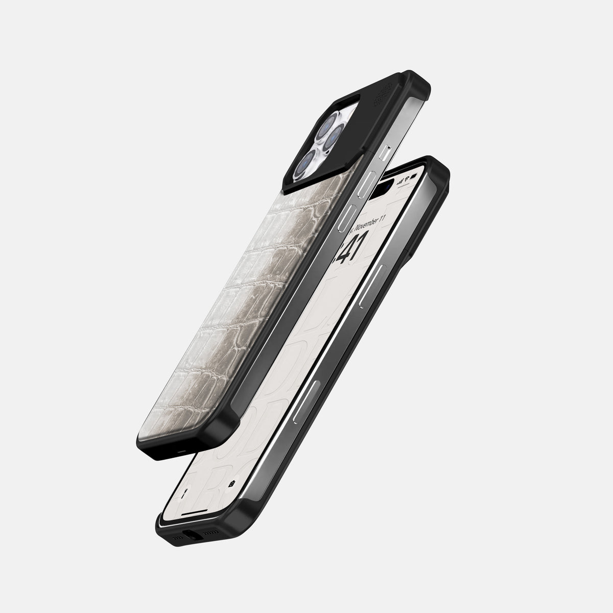 Grey iPhone 16 Pro Max Cyber Case Himalayan Crocodile with Black Metal -5 | Grey-Black