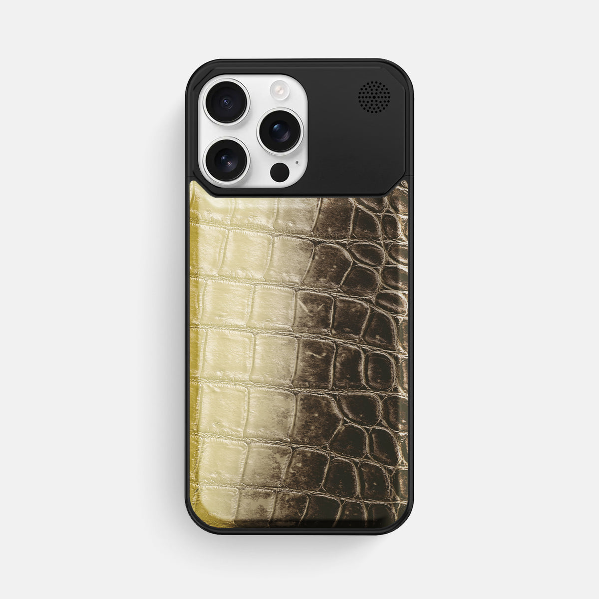Natural iPhone 16 Pro Max Cyber Case Himalayan Crocodile with Black Metal -1 | Natural-Black