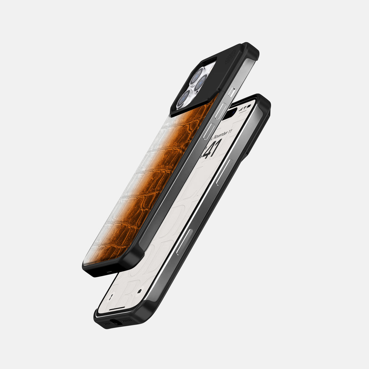 Orange iPhone 16 Pro Max Cyber Case Himalayan Crocodile with Black Metal -5 | Orange-Black