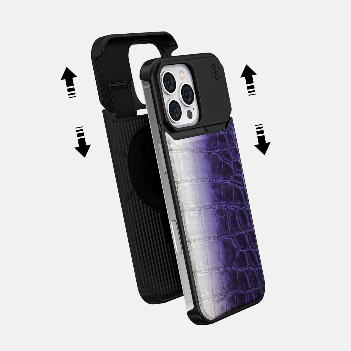 Purple iPhone 16 Pro Max Cyber Case Himalayan Crocodile with Black Metal -2 | Purple-Black