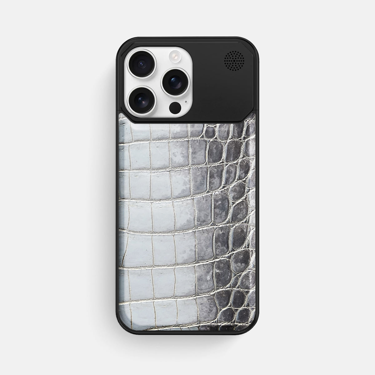Silver iPhone 16 Pro Max Cyber Case Himalayan Crocodile with Black Metal -1 | Silver-Black