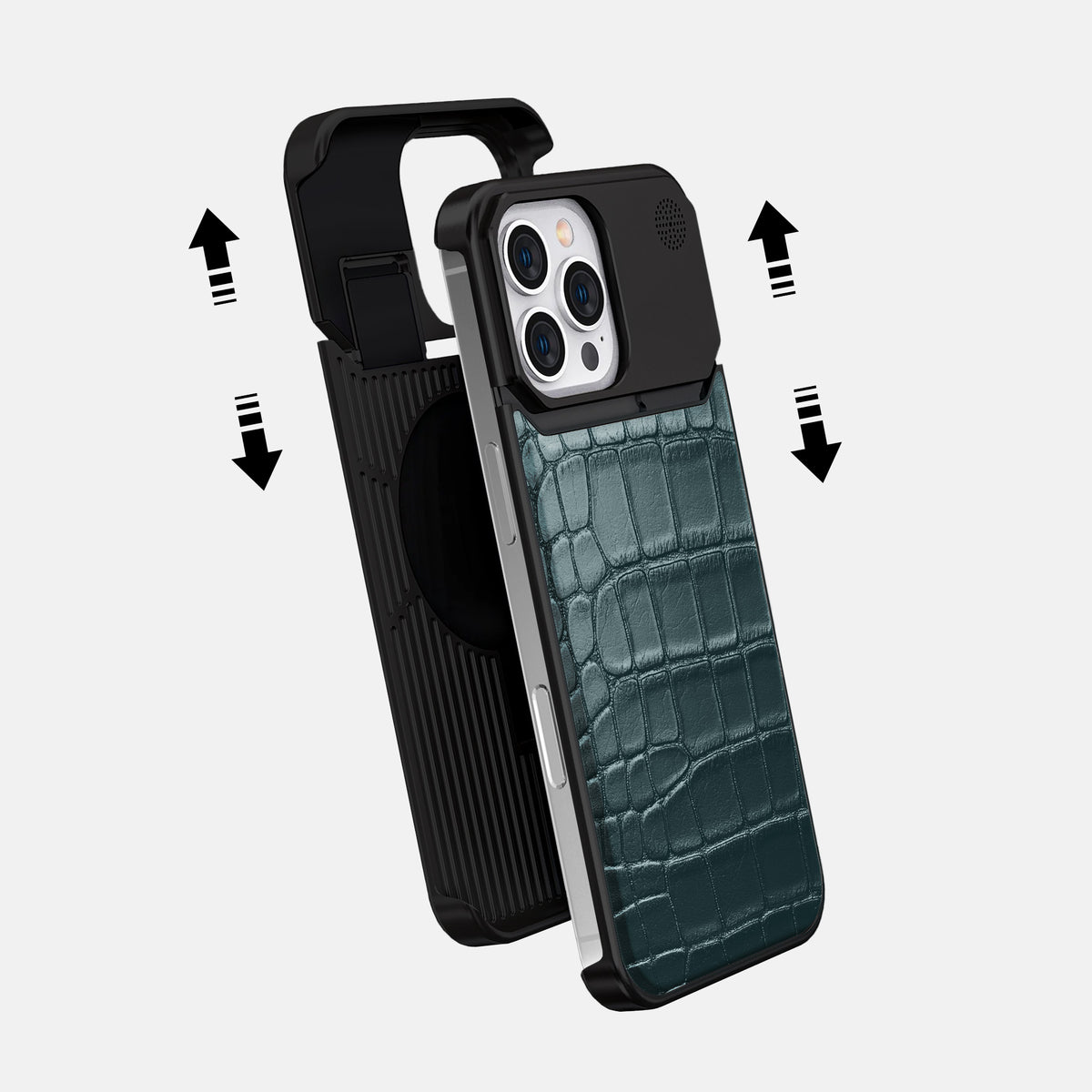 Metallic-Blue iPhone 16 Pro Max Cyber Case Alligator with Black Metal -2 | Metallic-Blue-Black