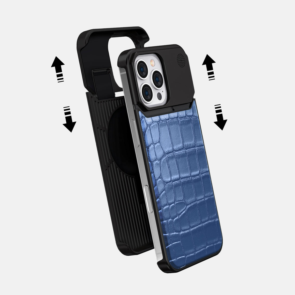 Pearlized-Blue iPhone 16 Pro Max Cyber Case Alligator with Black Metal -2 | Pearlized-Blue-Black