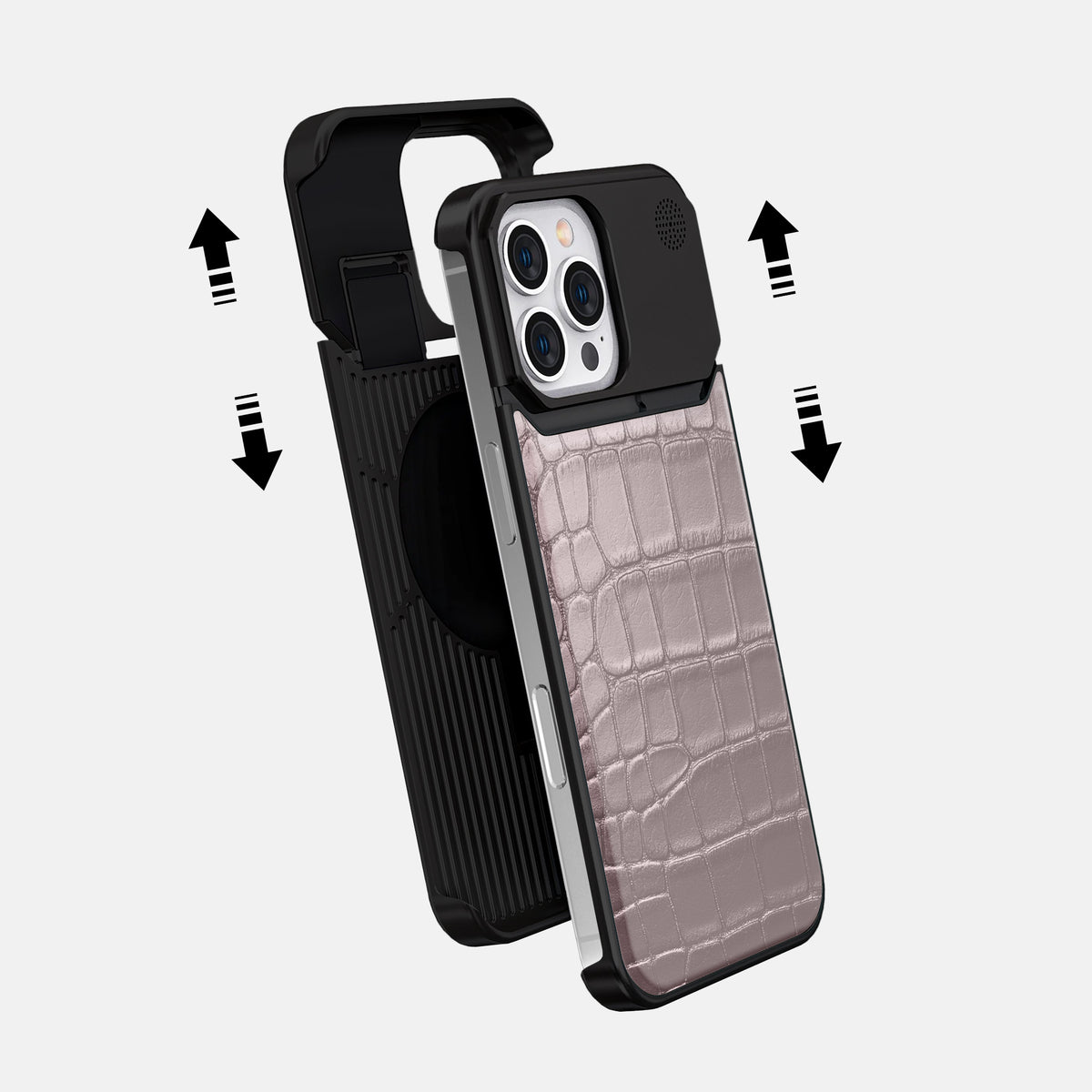 Pearlized-Pink iPhone 16 Pro Max Cyber Case Alligator with Black Metal -2 | Pearlized-Pink-Black