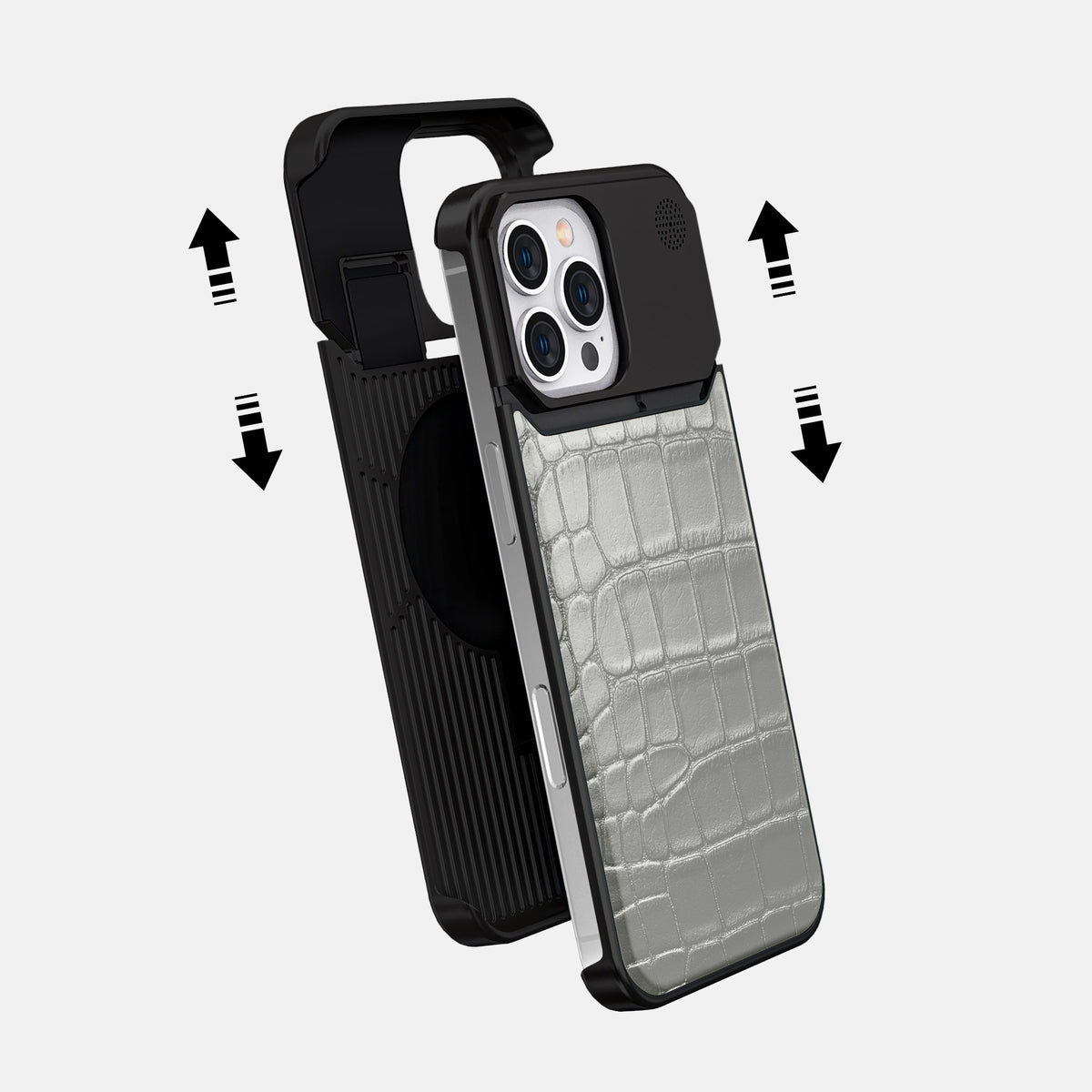 Pearlized-White iPhone 16 Pro Max Cyber Case Alligator with Black Metal -2 | Pearlized-White-Black