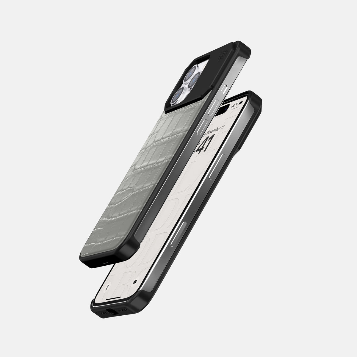 Pearlized-White iPhone 16 Pro Max Cyber Case Alligator with Black Metal -5 | Pearlized-White-Black