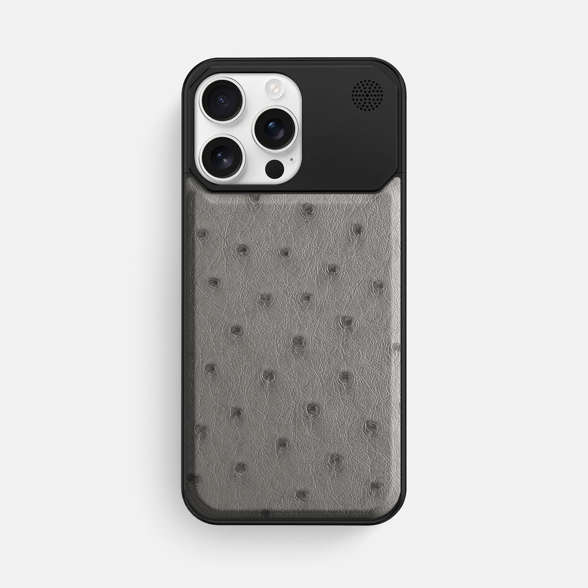 Grey iPhone 16 Pro Max Cyber Case Ostrich with Black Metal -1 | Grey-Black
