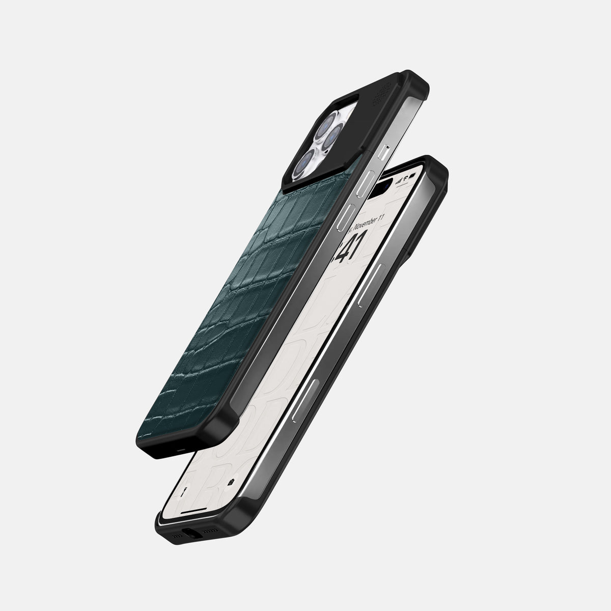 Metallic-Blue iPhone 16 Pro Cyber Case Alligator with Black Metal -5 | Metallic-Blue-Black
