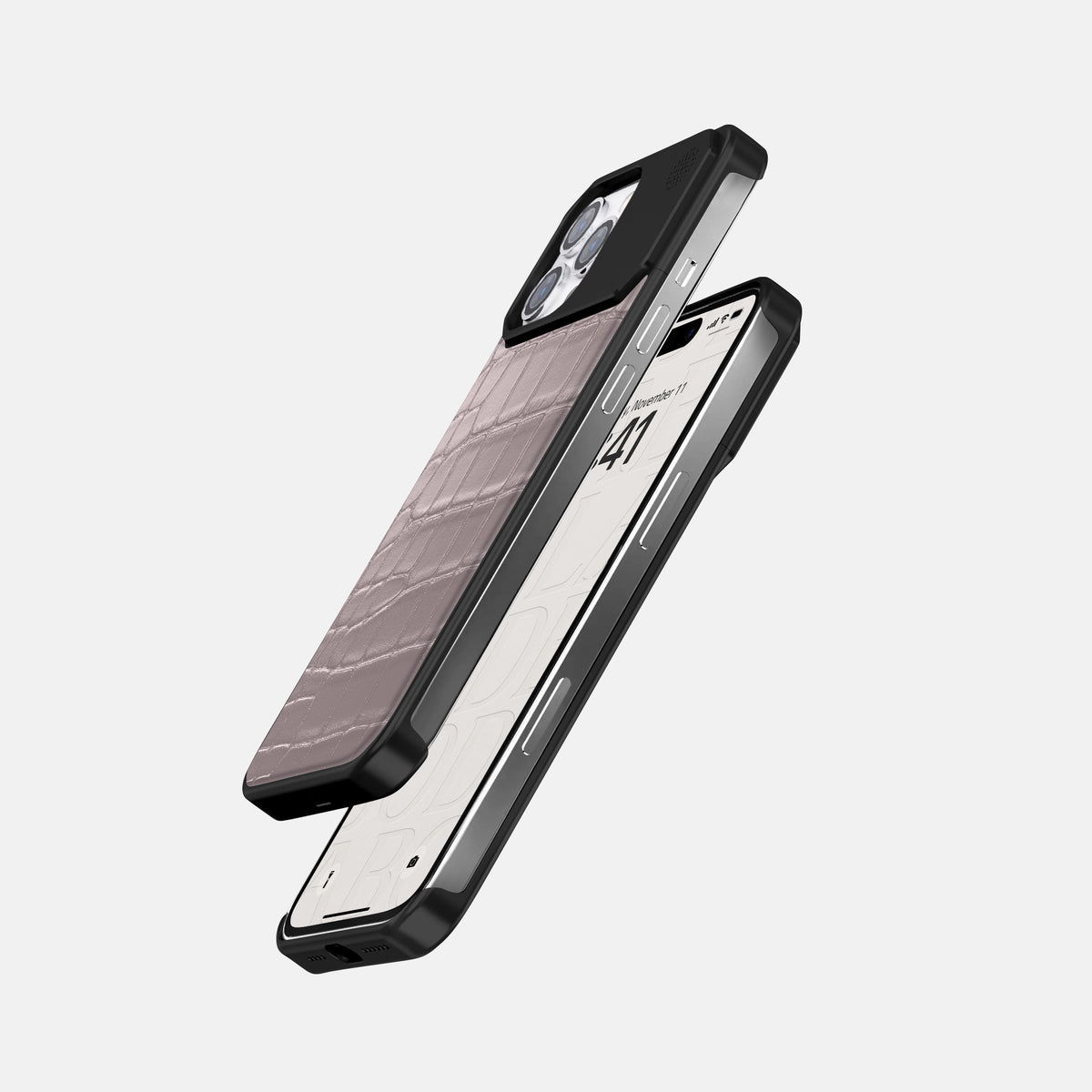 Pearlized-Pink iPhone 16 Pro Cyber Case Alligator with Black Metal -5 | Pearlized-Pink-Black
