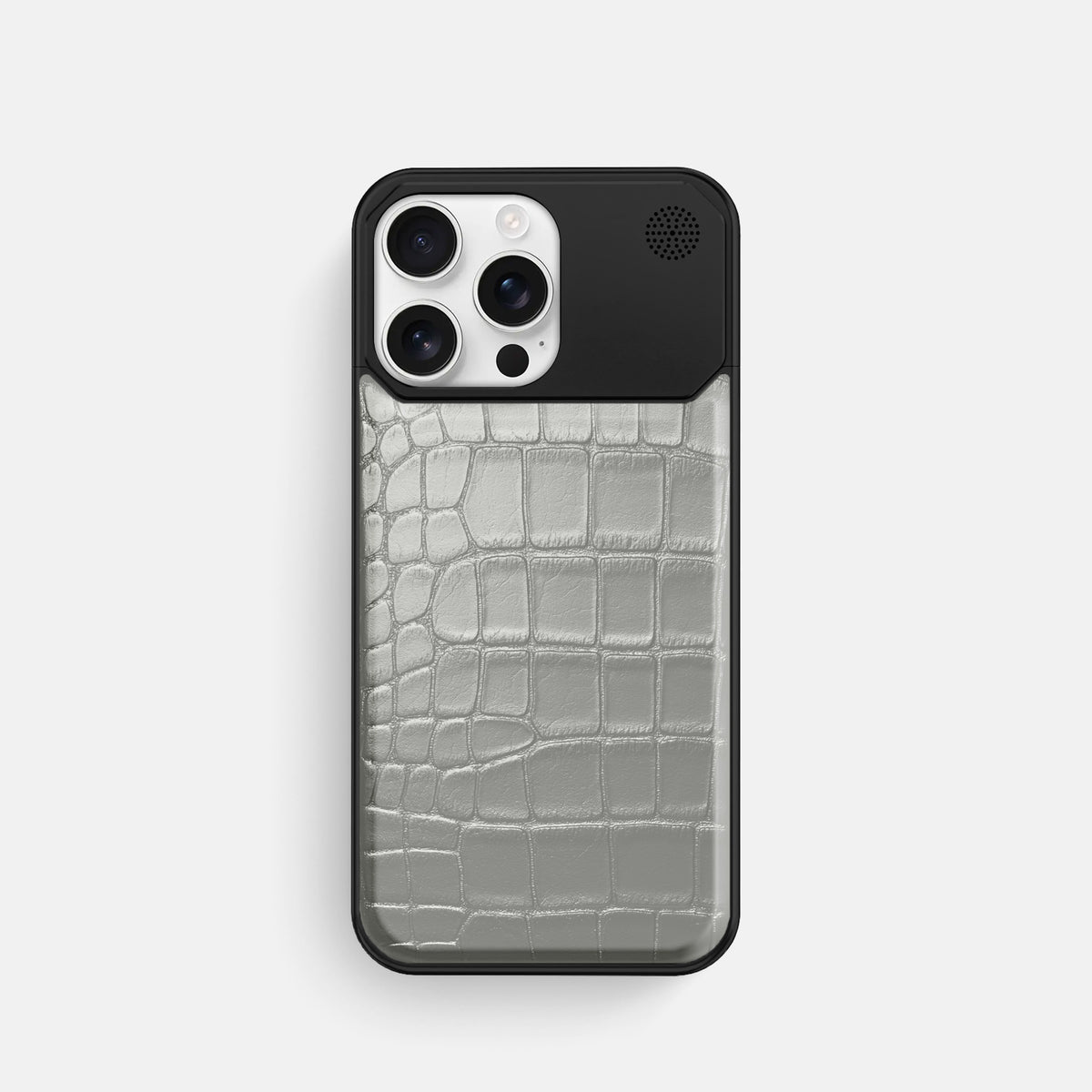 Pearlized-White iPhone 16 Pro Cyber Case Alligator with Black Metal -1 | Pearlized-White-Black
