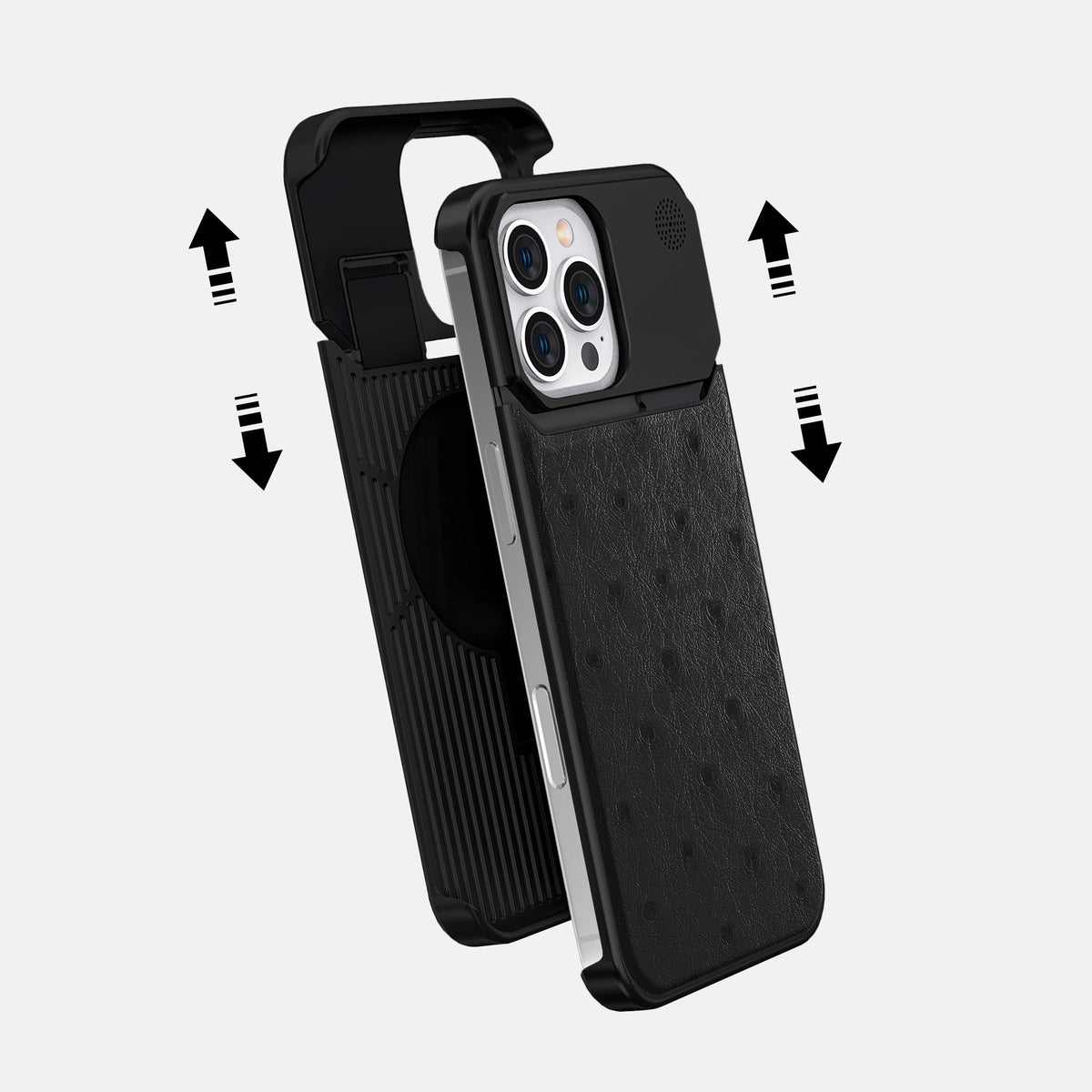 Black iPhone 16 Pro Cyber Case Ostrich with Black Metal -2 | Black-Black