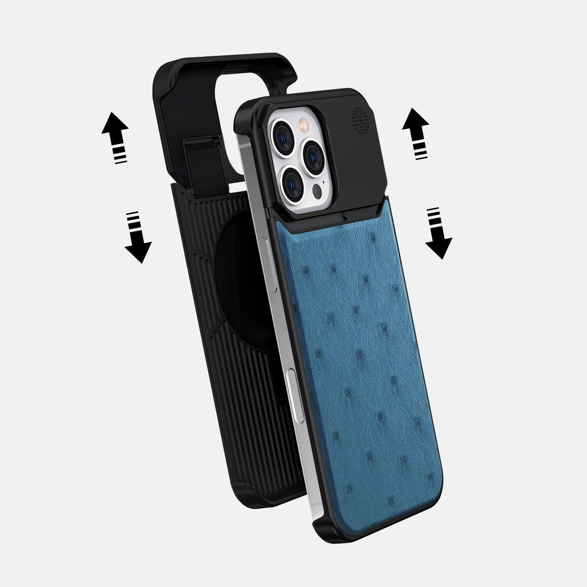Blue-Jeans iPhone 16 Pro Cyber Case Ostrich with Black Metal -2 | Blue-Jeans-Black