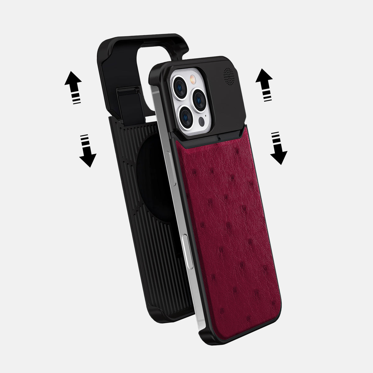 Bordeaux iPhone 16 Pro Cyber Case Ostrich with Black Metal -2 | Bordeaux-Black