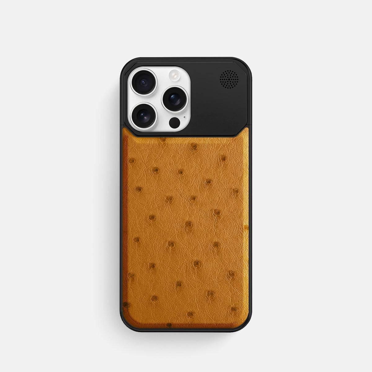 Chestnut iPhone 16 Pro Cyber Case Ostrich with Black Metal -1 | Chestnut-Black