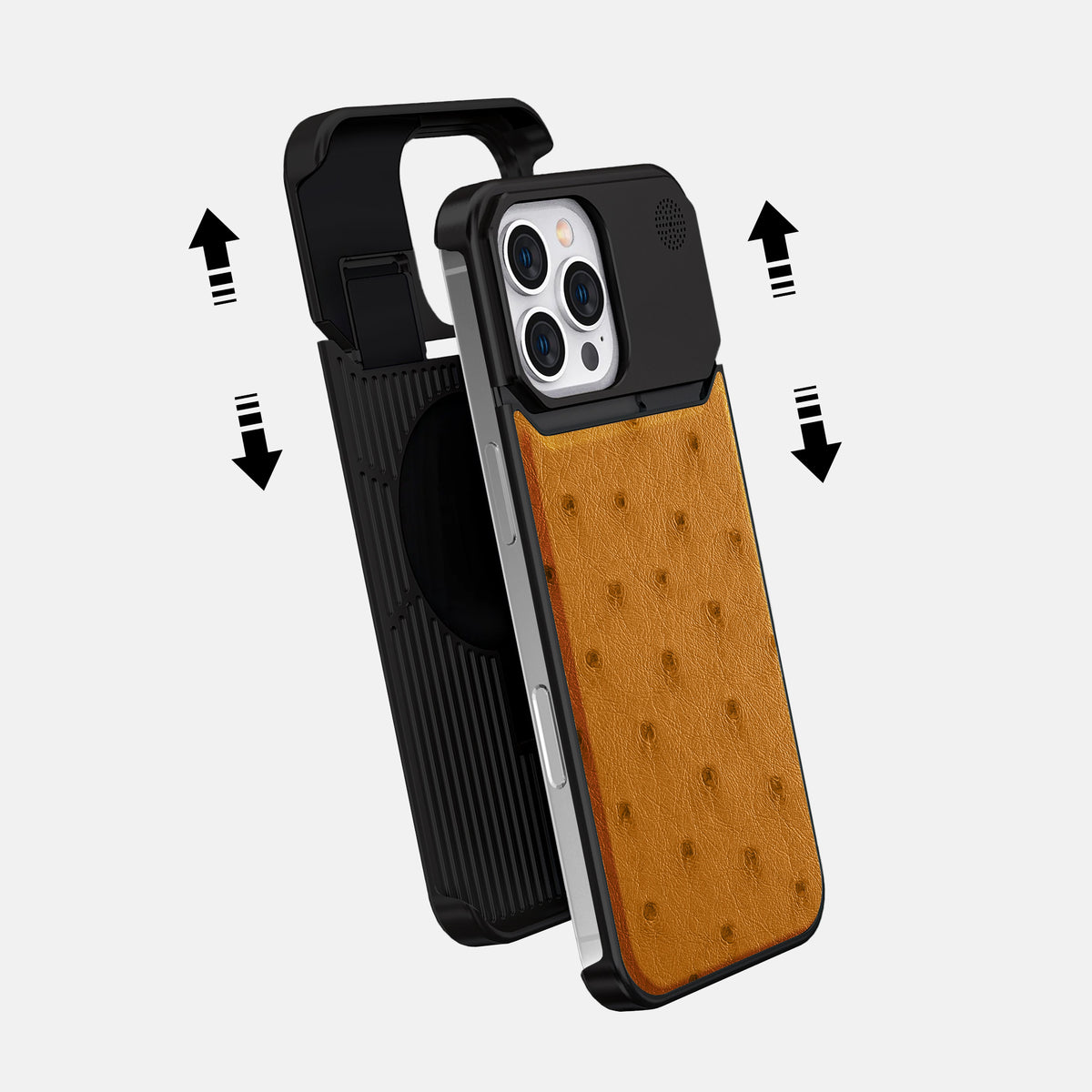 Chestnut iPhone 16 Pro Cyber Case Ostrich with Black Metal -2 | Chestnut-Black
