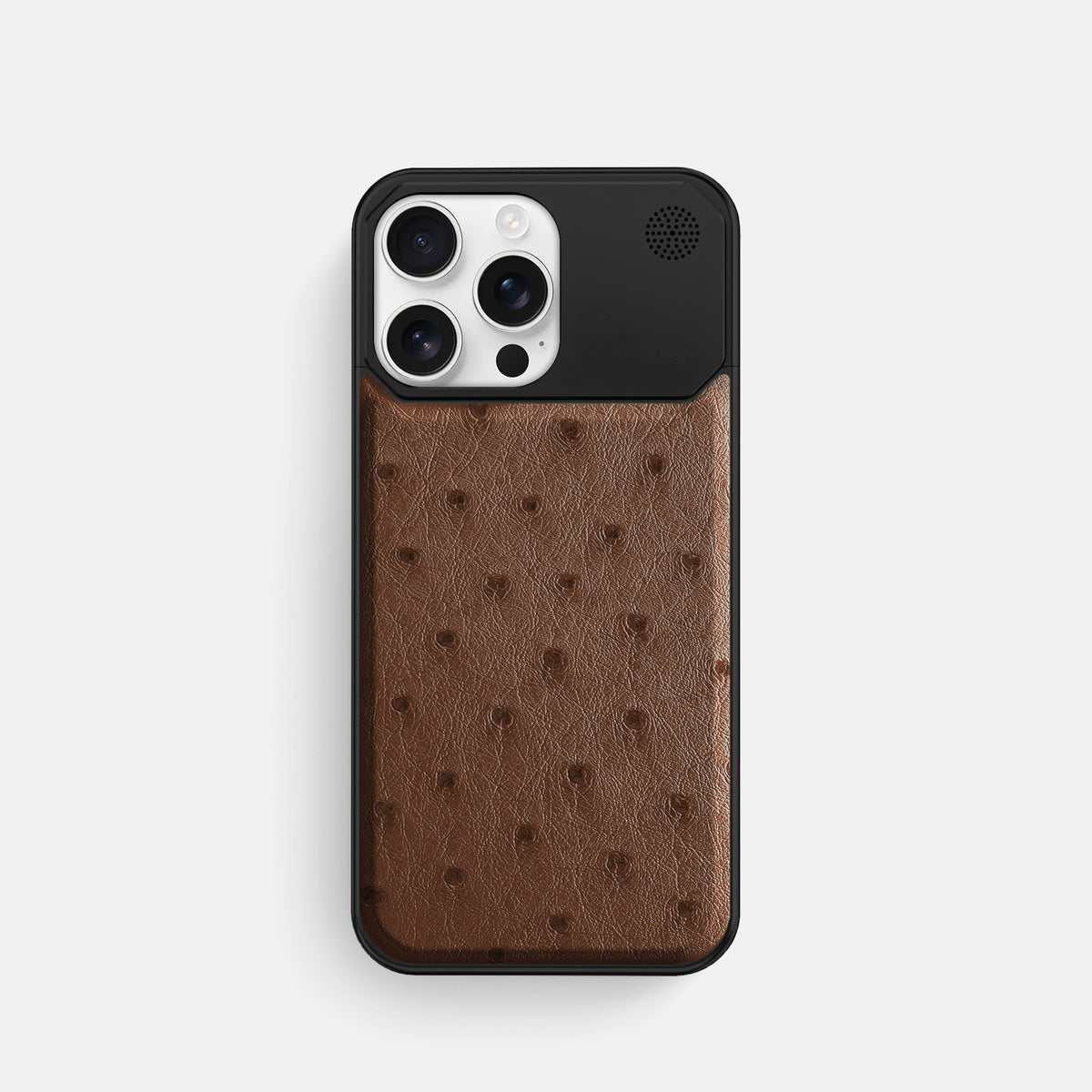 Chocolate iPhone 16 Pro Cyber Case Ostrich with Black Metal -1 | Chocolate-Black