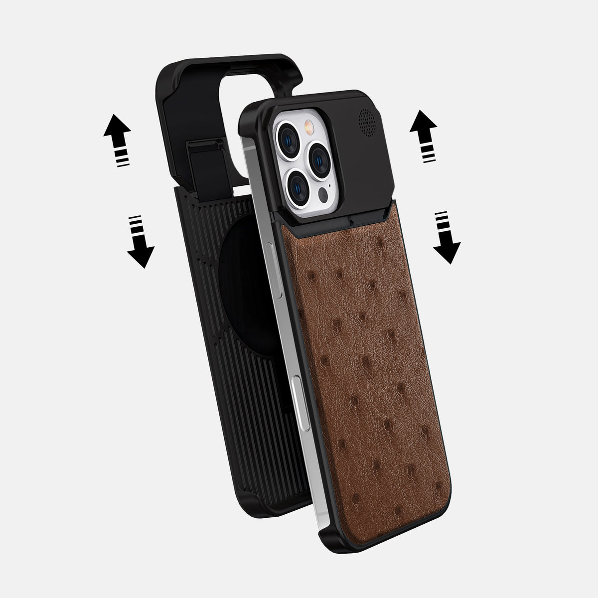 Chocolate iPhone 16 Pro Cyber Case Ostrich with Black Metal -2 | Chocolate-Black