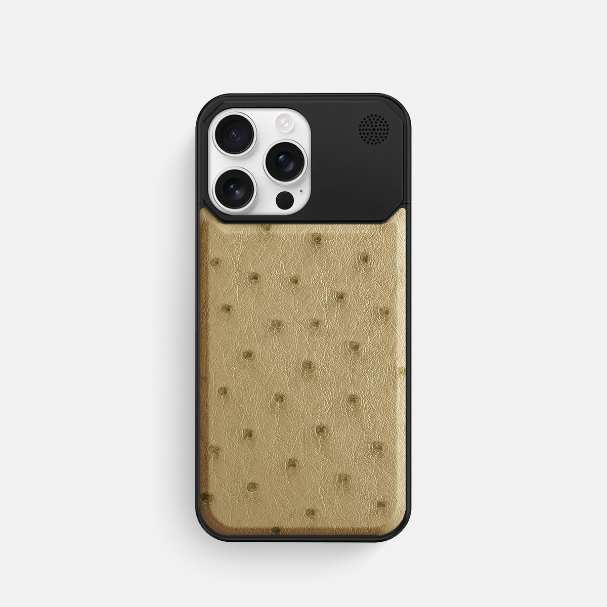 Desert-Sand iPhone 16 Pro Cyber Case Ostrich with Black Metal -1 | Desert-Sand-Black