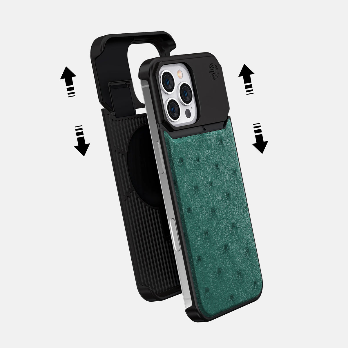Forest-Green iPhone 16 Pro Cyber Case Ostrich with Black Metal -2 | Forest-Green-Black