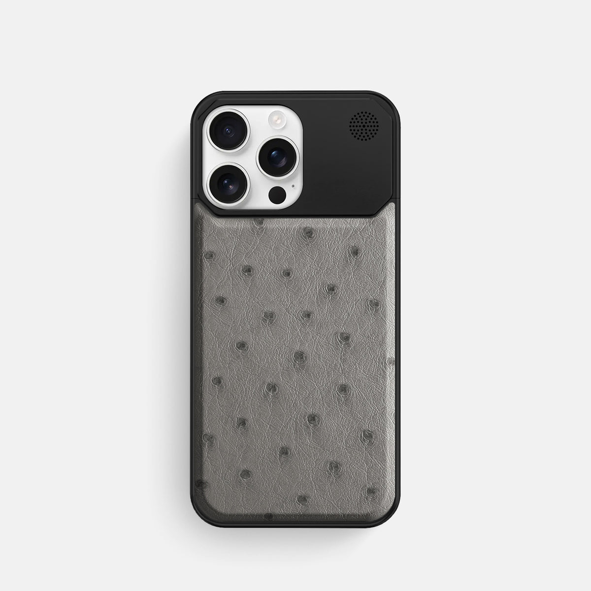 Grey iPhone 16 Pro Cyber Case Ostrich with Black Metal -1 | Grey-Black