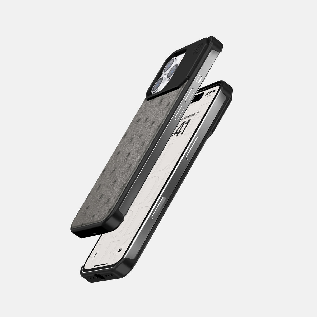 Grey iPhone 16 Pro Cyber Case Ostrich with Black Metal -5 | Grey-Black