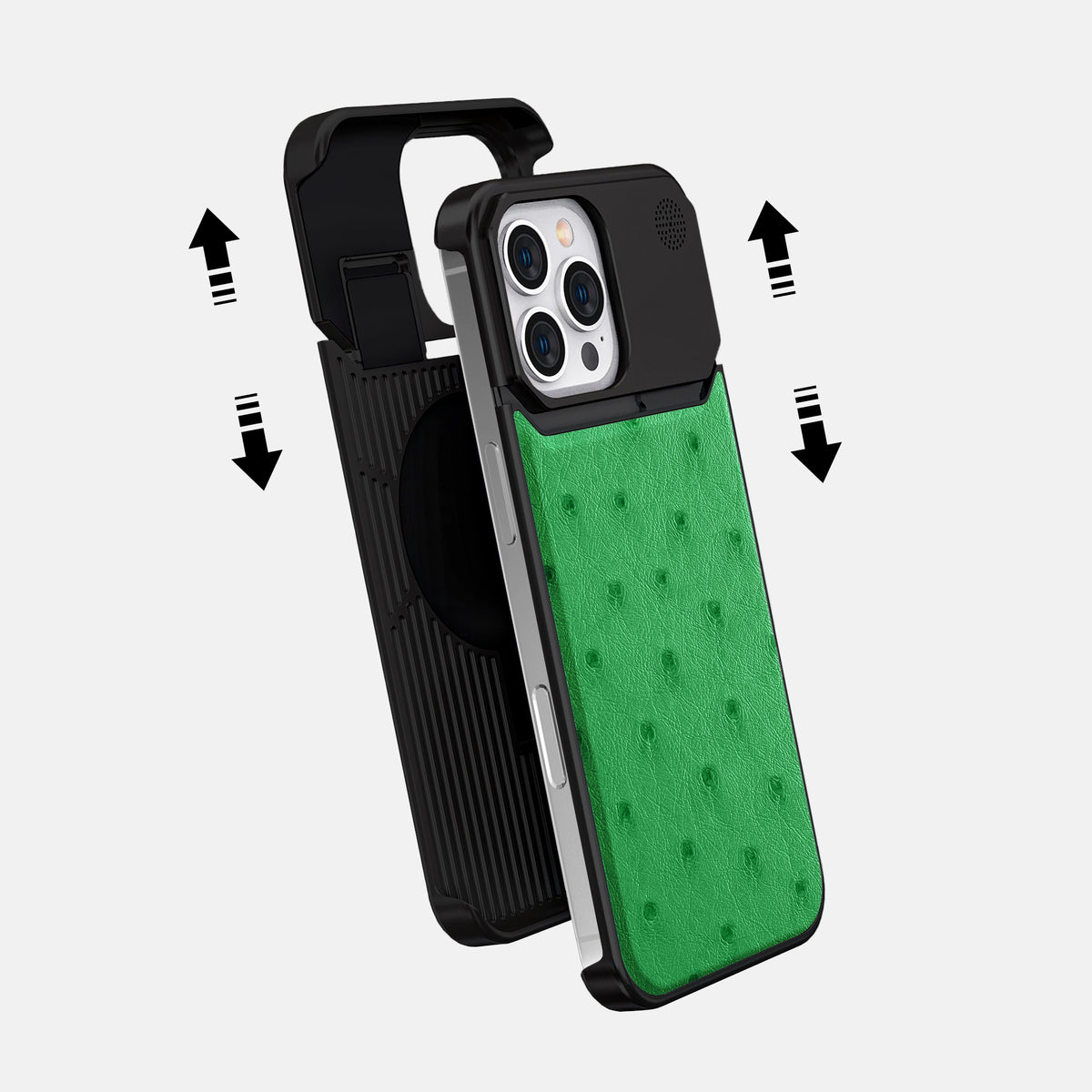 Kentucky Green iPhone 16 Pro Cyber Case Ostrich with Black Metal -2 | Kentucky-Green-Black