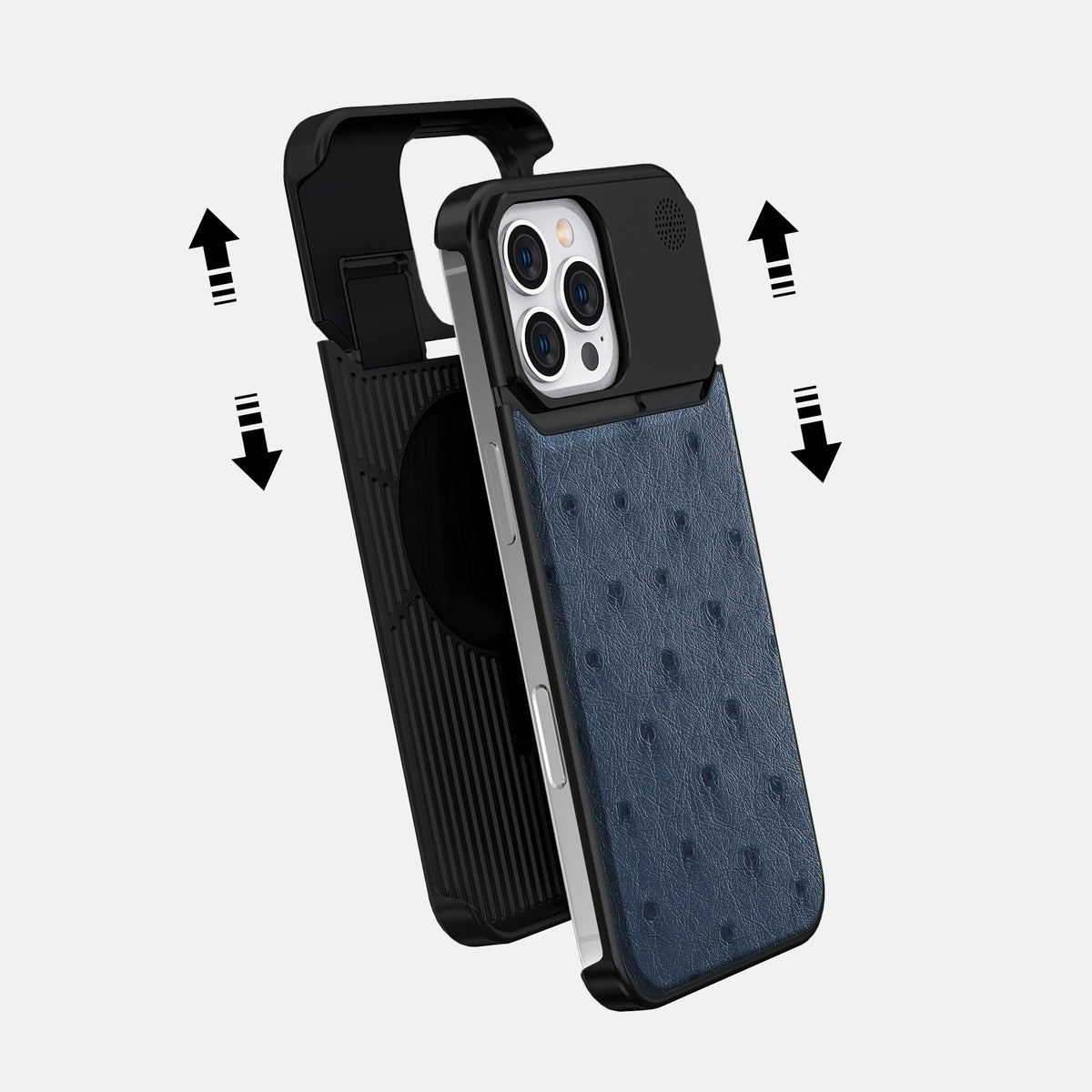 Navy-Blue iPhone 16 Pro Cyber Case Ostrich with Black Metal -2 | Navy-Blue-Black