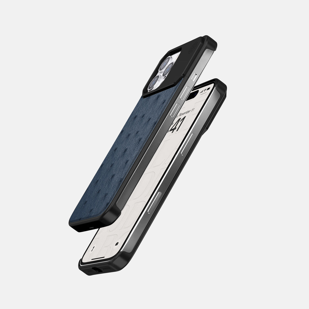 Navy-Blue iPhone 16 Pro Cyber Case Ostrich with Black Metal -5 | Navy-Blue-Black