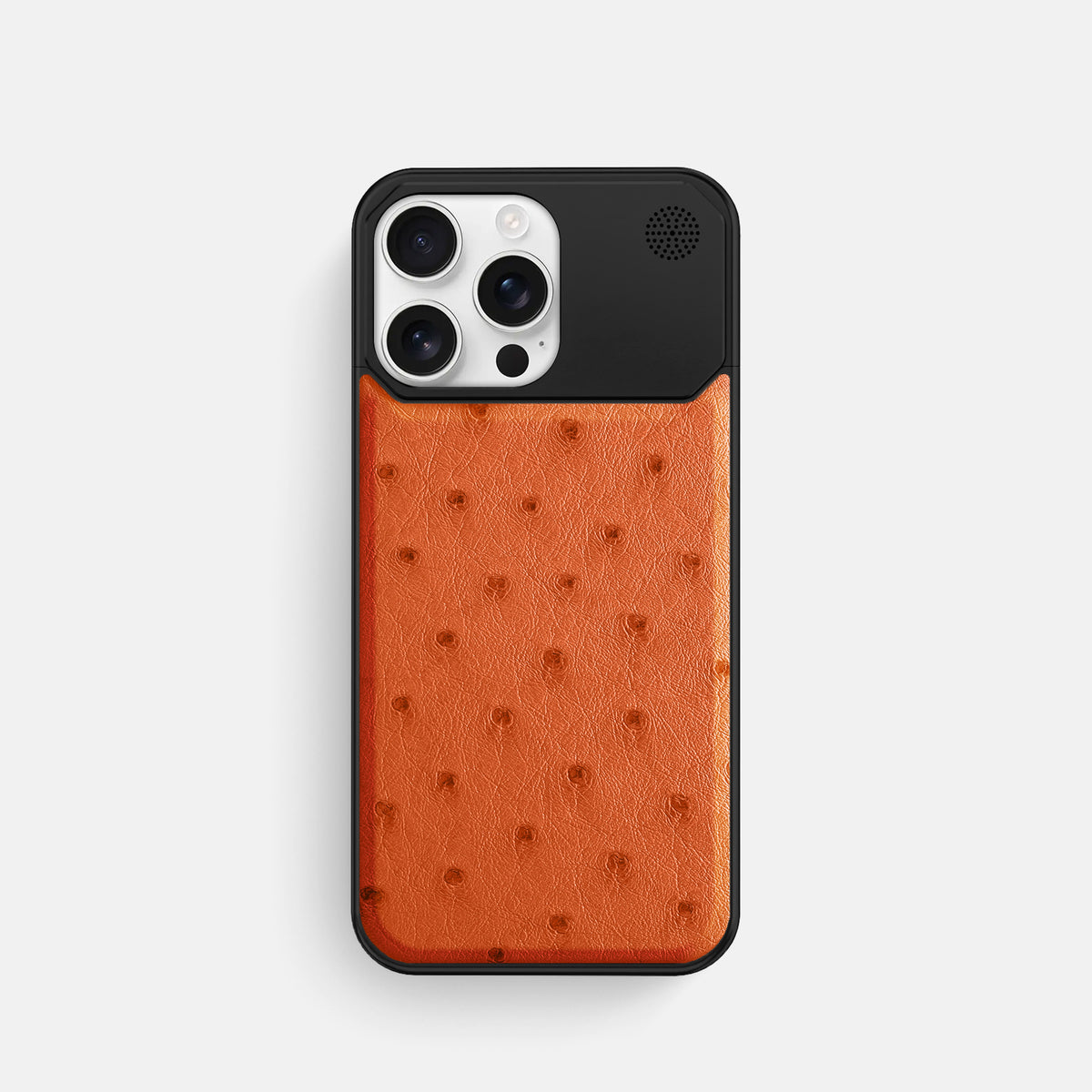 Orange iPhone 16 Pro Cyber Case Ostrich with Black Metal -1 | Orange-Black