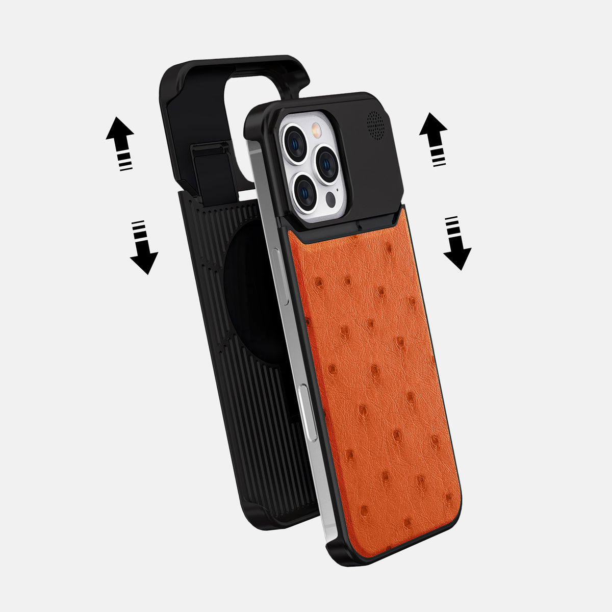 Orange iPhone 16 Pro Cyber Case Ostrich with Black Metal -2 | Orange-Black