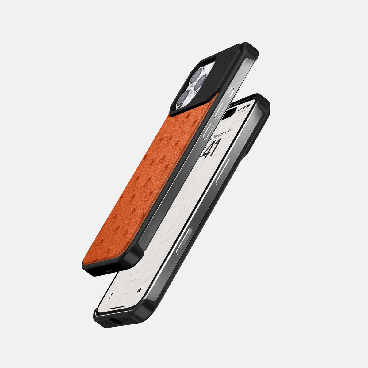 Orange iPhone 16 Pro Cyber Case Ostrich with Black Metal -5 | Orange-Black