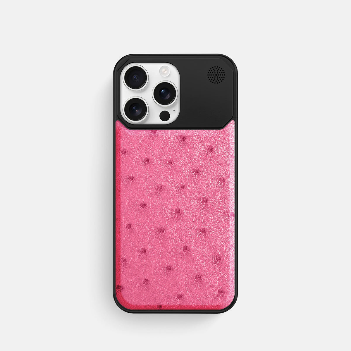 Pink iPhone 16 Pro Cyber Case Ostrich with Black Metal -1 | Pink-Black