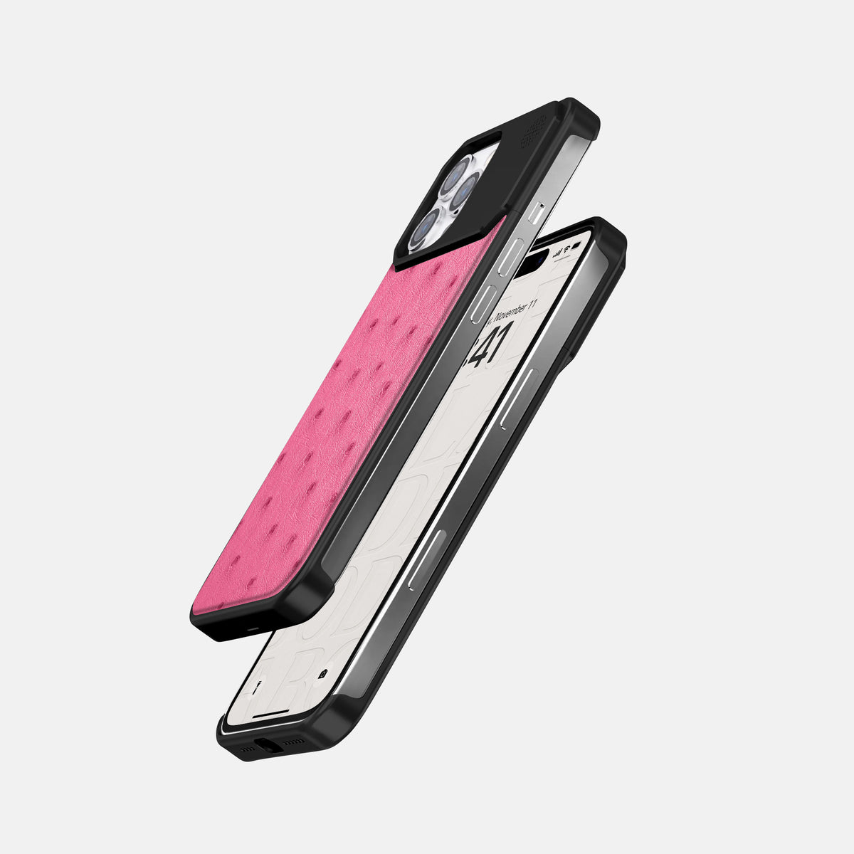 Pink iPhone 16 Pro Cyber Case Ostrich with Black Metal -5 | Pink-Black