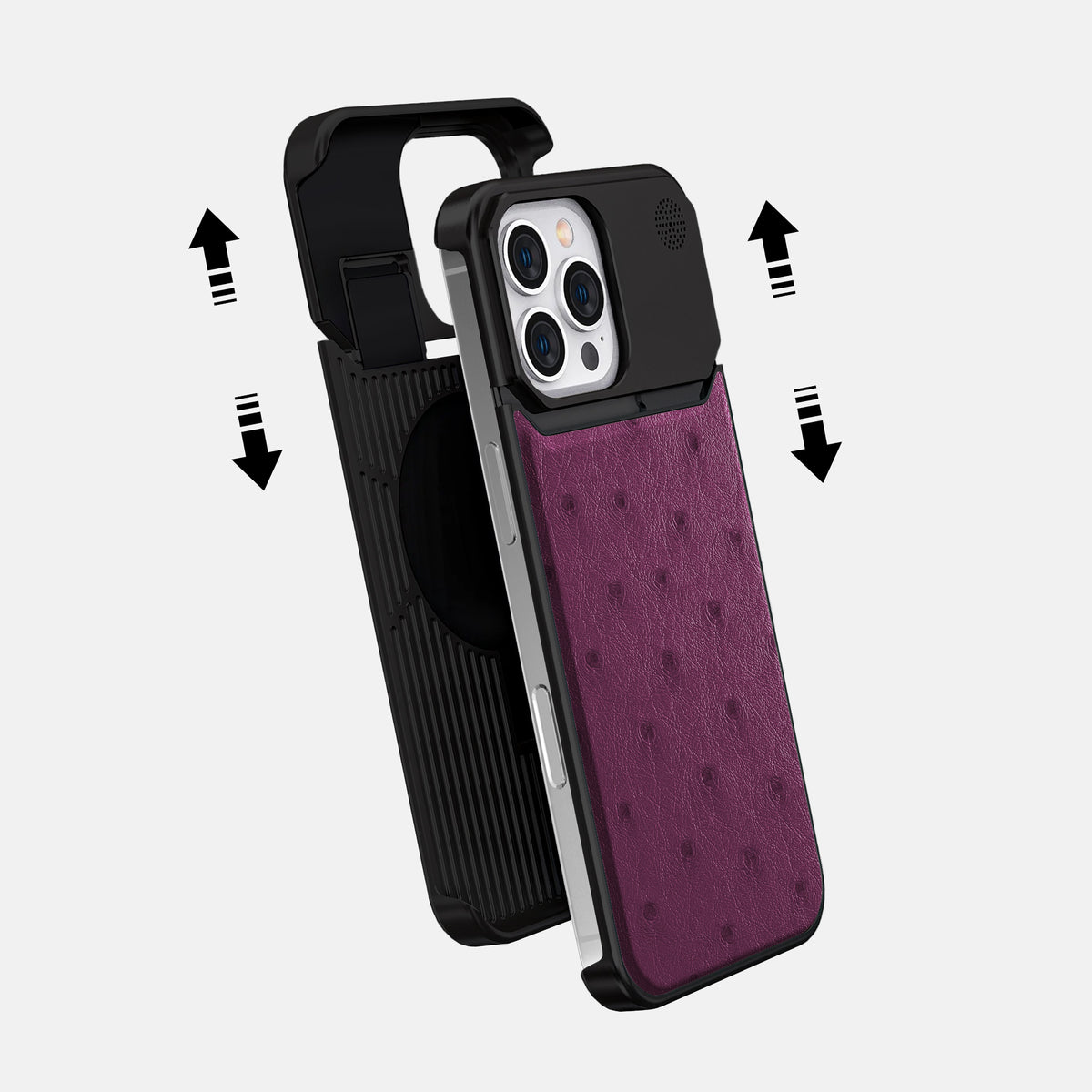 Purple iPhone 16 Pro Cyber Case Ostrich with Black Metal -2 | Purple-Black