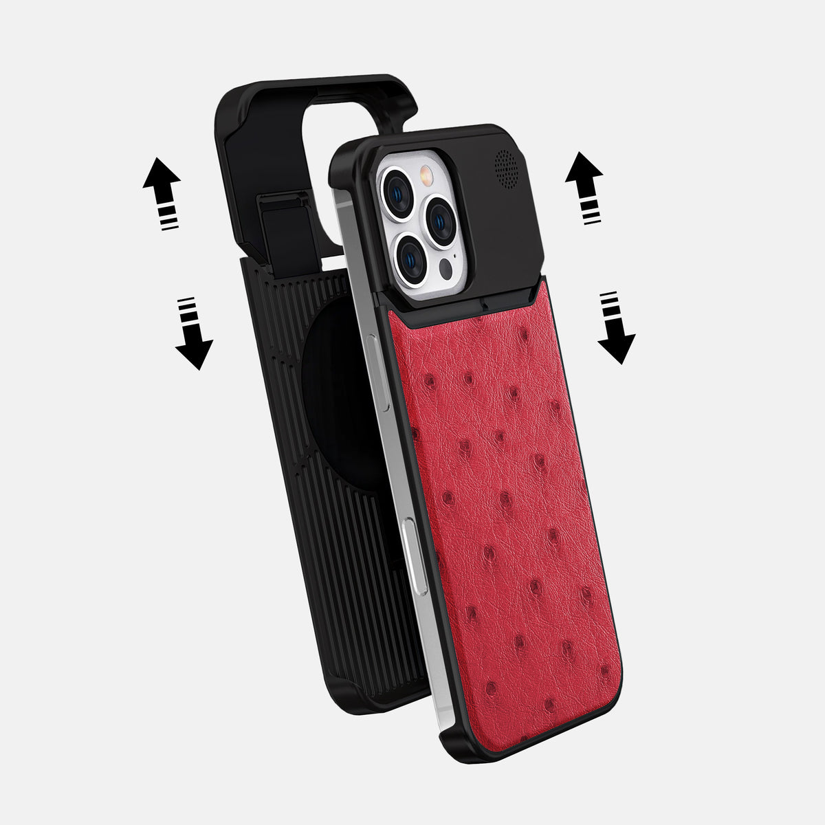 Red iPhone 16 Pro Cyber Case Ostrich with Black Metal -2 | Red-Black