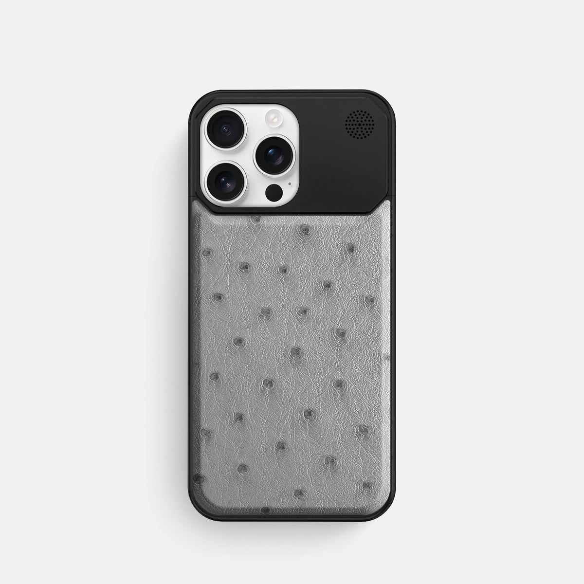 Silver iPhone 16 Pro Cyber Case Ostrich with Black Metal -1 | Silver-Black