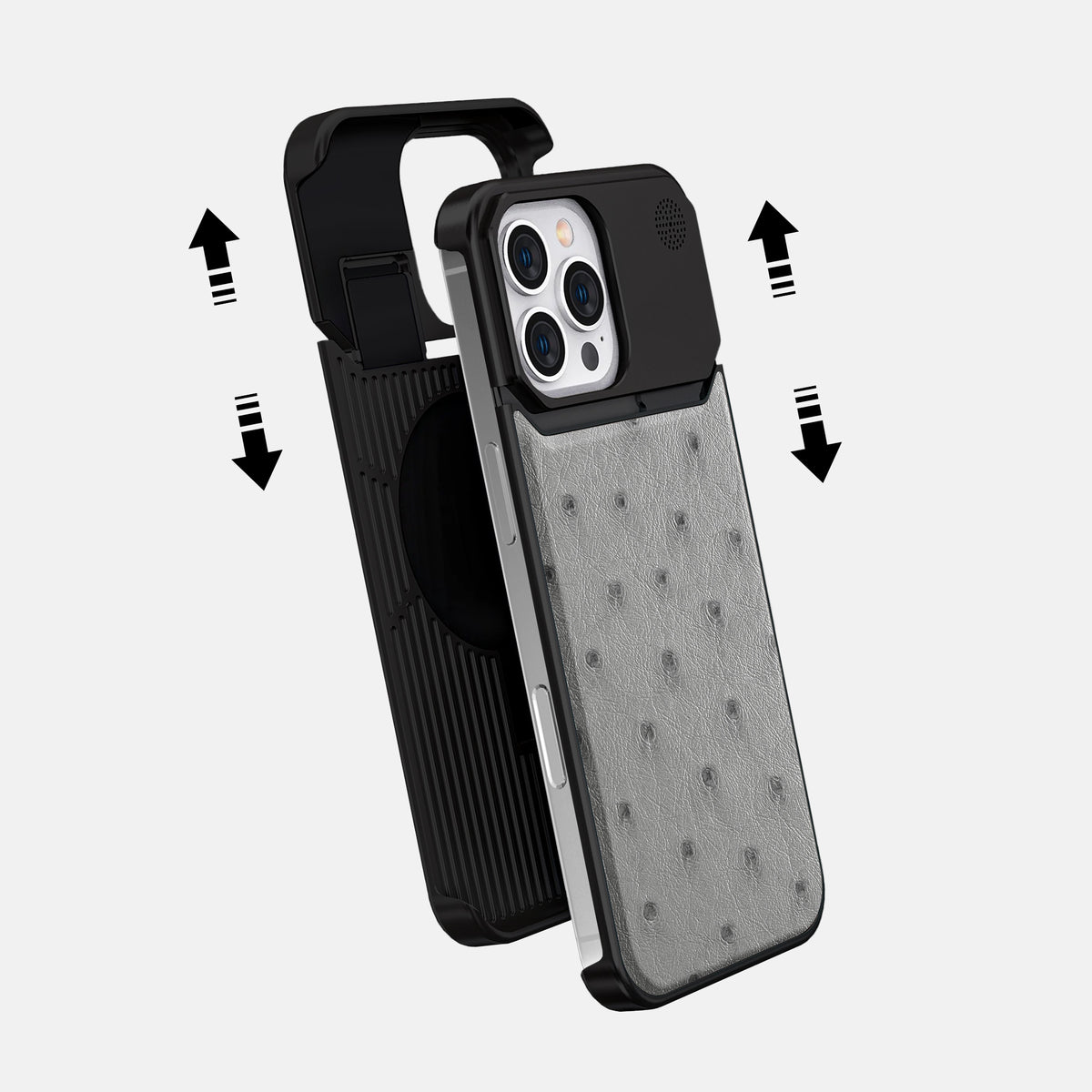 Silver iPhone 16 Pro Cyber Case Ostrich with Black Metal -2 | Silver-Black