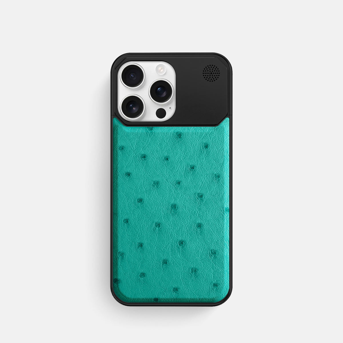 Turquoise iPhone 16 Pro Cyber Case Ostrich with Black Metal -1 | Turquoise-Black