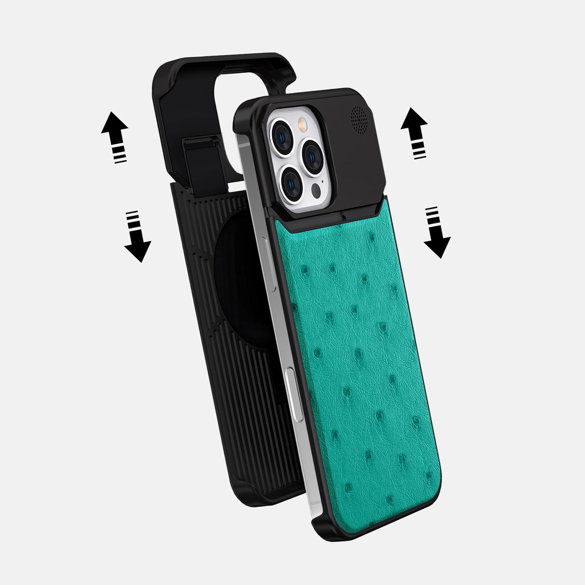 Turquoise iPhone 16 Pro Cyber Case Ostrich with Black Metal -2 | Turquoise-Black