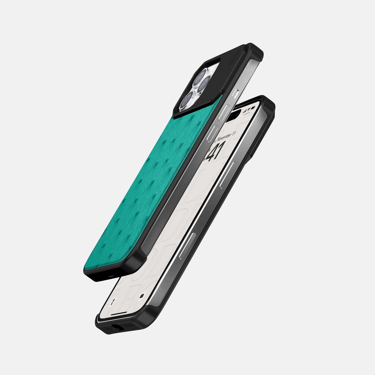 Turquoise iPhone 16 Pro Cyber Case Ostrich with Black Metal -5 | Turquoise-Black