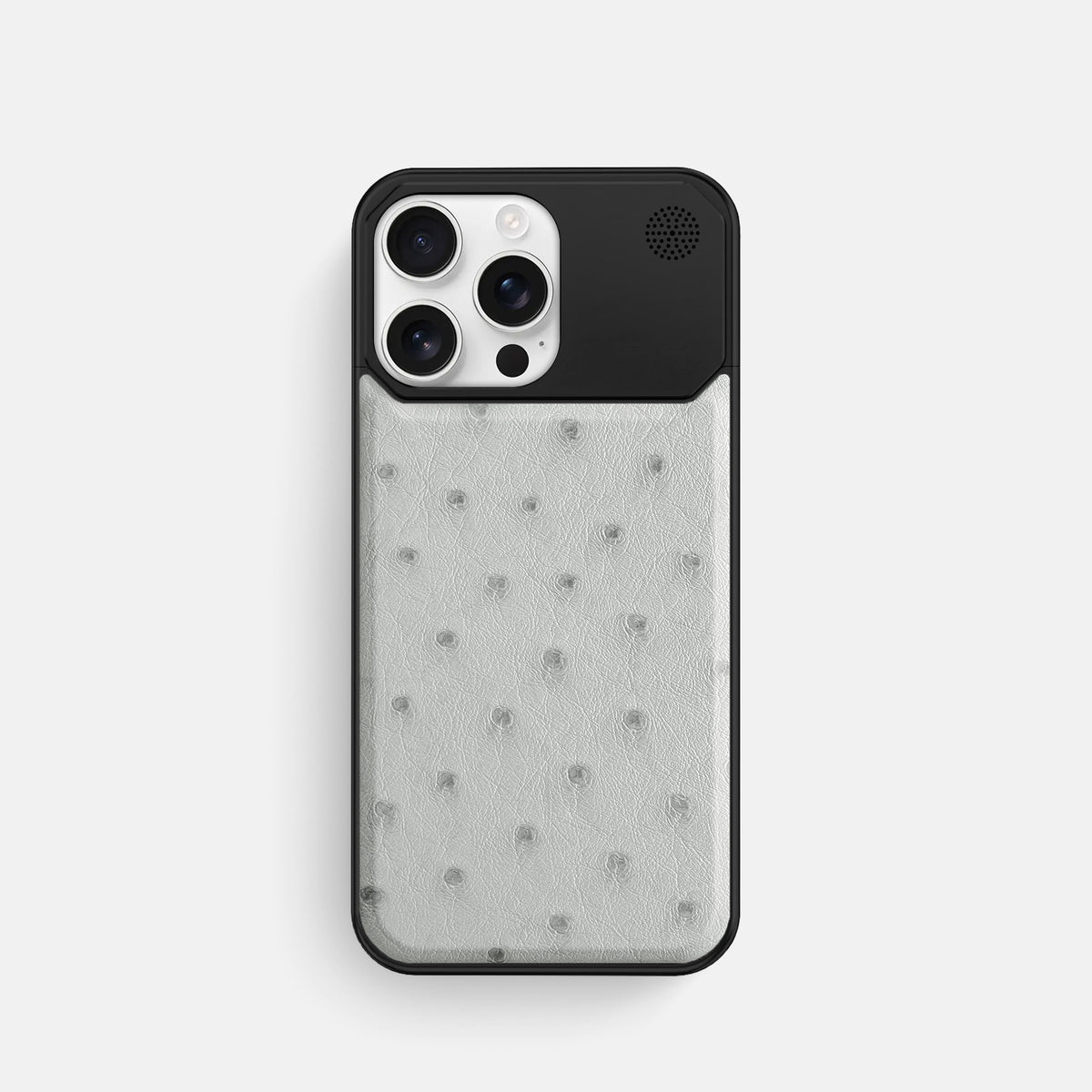 White iPhone 16 Pro Cyber Case Ostrich with Black Metal -1 | White-Black