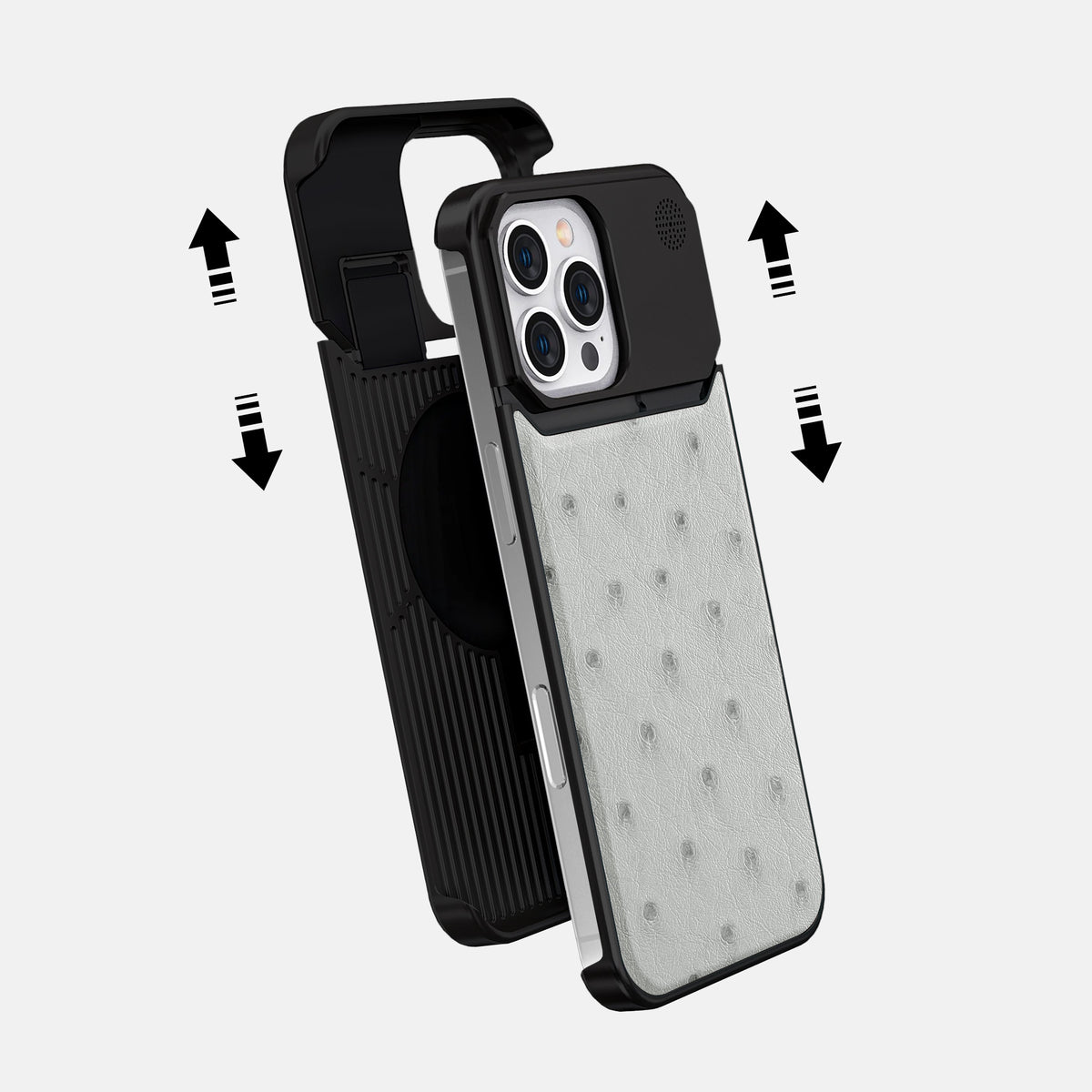 White iPhone 16 Pro Cyber Case Ostrich with Black Metal -2 | White-Black