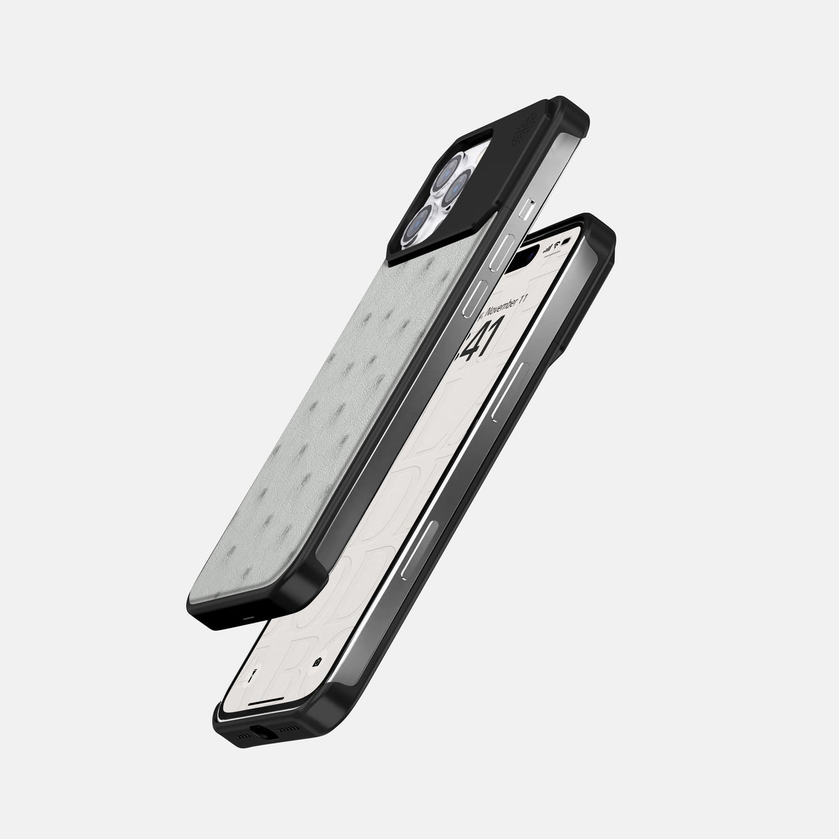 White iPhone 16 Pro Cyber Case Ostrich with Black Metal -5 | White-Black