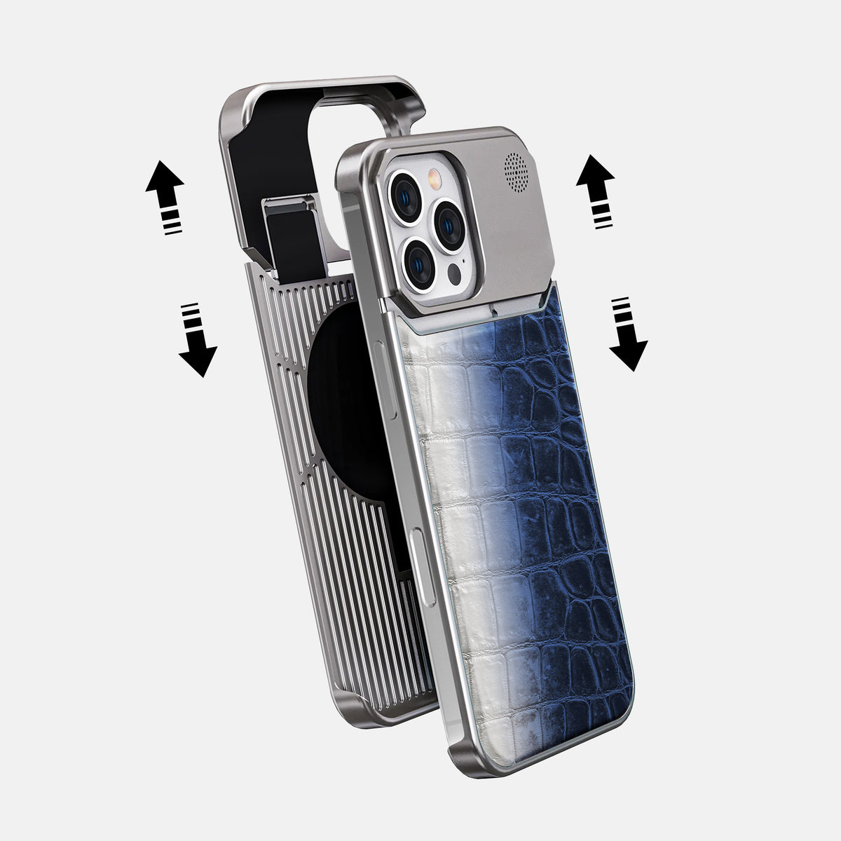 Navy Blue iPhone 16 Pro Cyber Case Himalayan Crocodile with Steel -2 | Navy-Blue-Steel