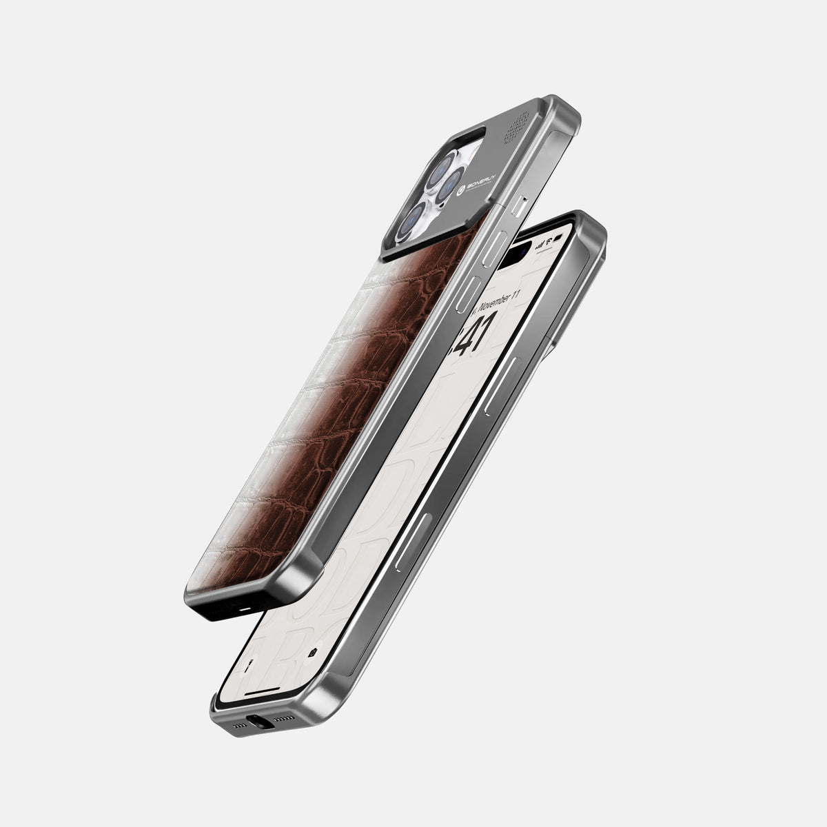 Dark Brown iPhone 16 Pro Cyber Case Himalayan Crocodile with Steel -5 | Dark-Brown-Steel