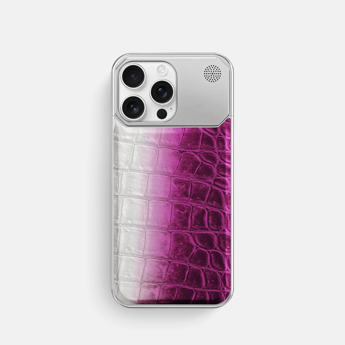 Fuchsia iPhone 16 Pro Cyber Case Himalayan Crocodile with Steel -1 | Fuchsia-Steel