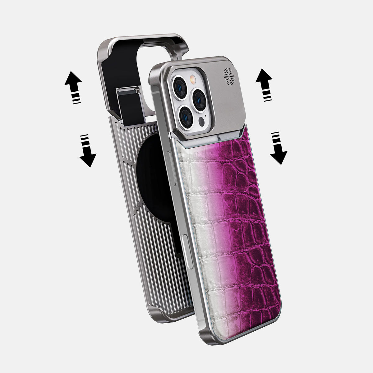 Fuchsia iPhone 16 Pro Cyber Case Himalayan Crocodile with Steel -2 | Fuchsia-Steel