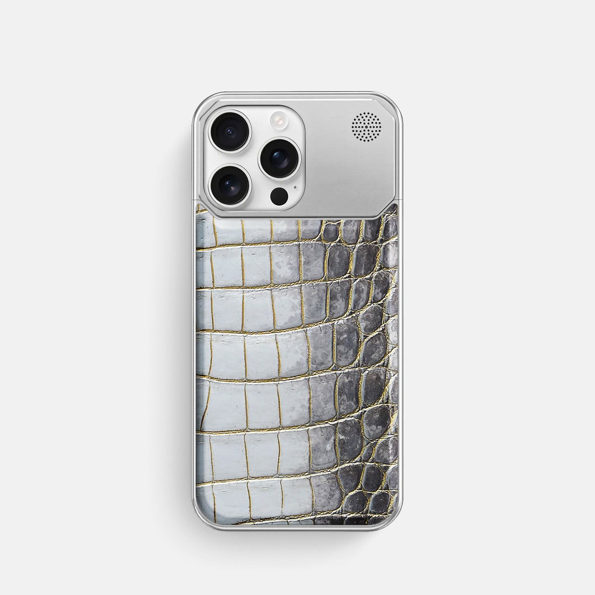 Gold iPhone 16 Pro Cyber Case Himalayan Crocodile with Steel -1 | Gold-Steel