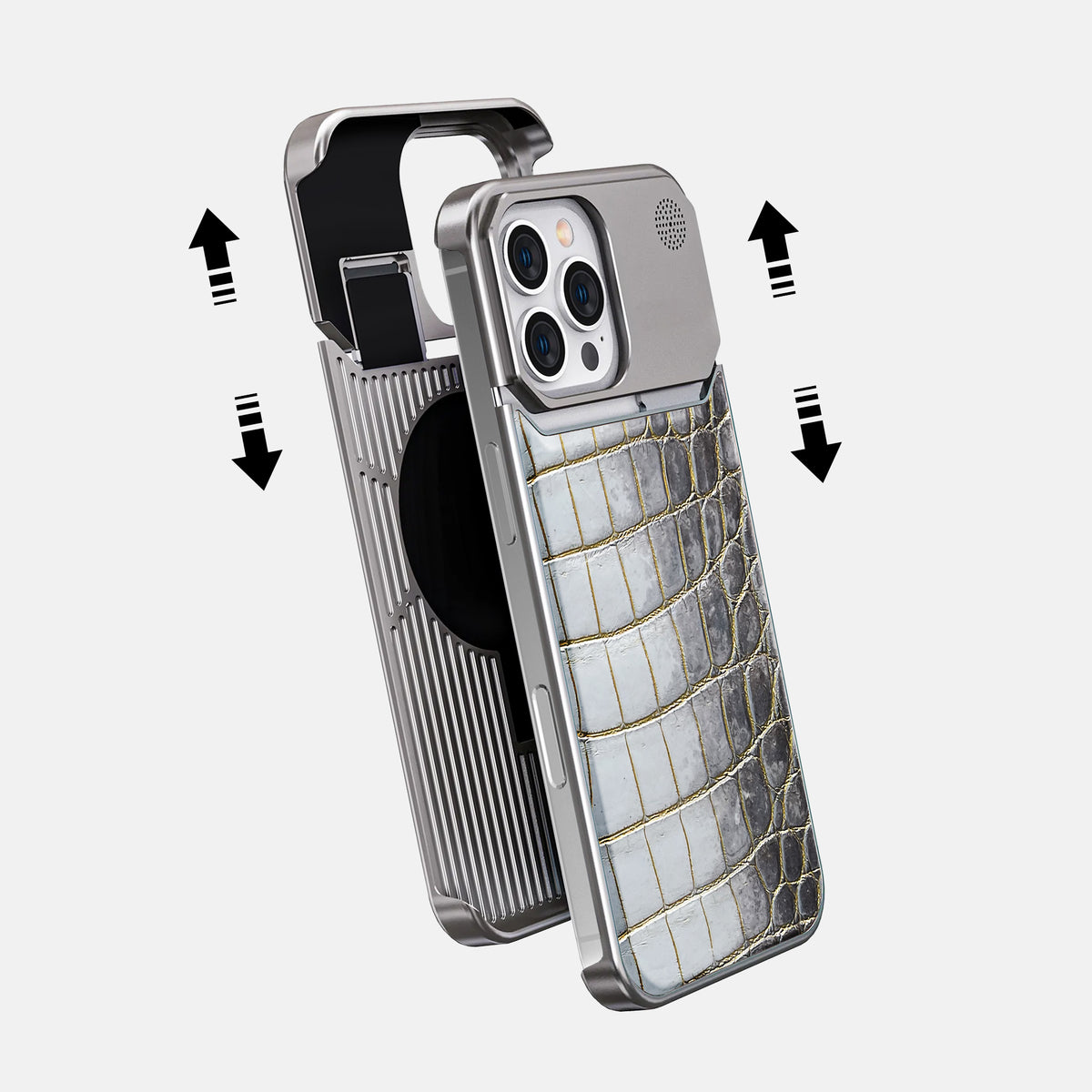 Gold iPhone 16 Pro Cyber Case Himalayan Crocodile with Steel -2 | Gold-Steel